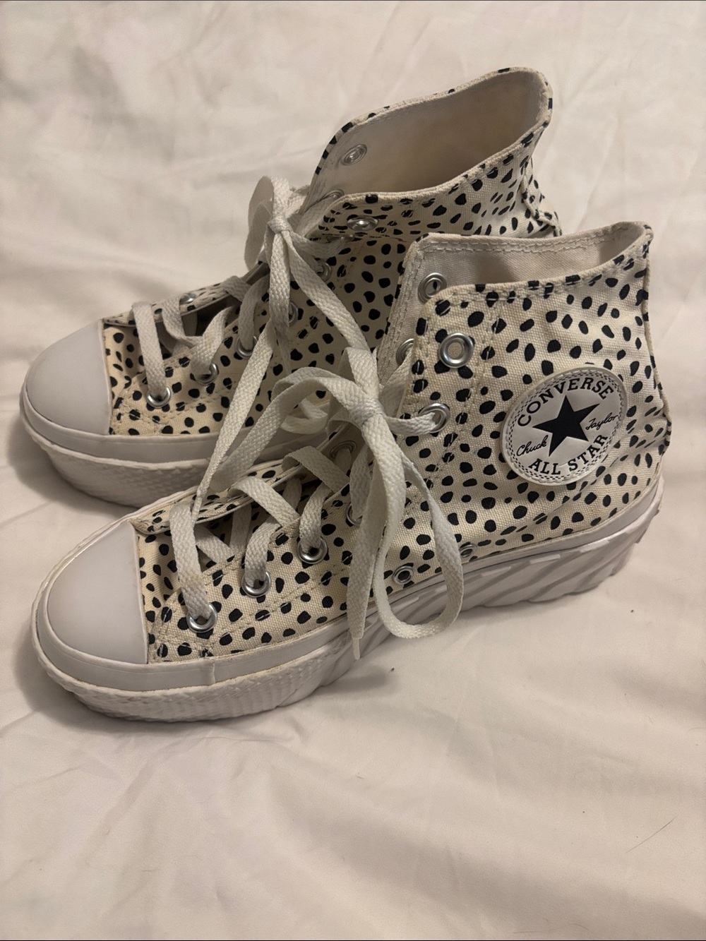 Converse High Top platform Sneakers in Cream with Black Spot Print